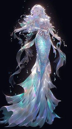 a drawing of a mermaid with white hair and blue tail, standing in the water