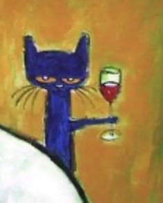 a painting of a blue cat holding a glass of wine with its paw in the air