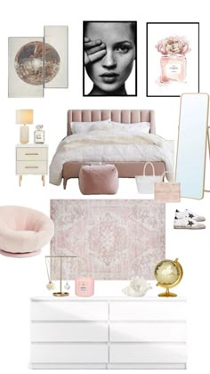 a white bedroom with pink accents and accessories on the walls, including a bed, dresser,