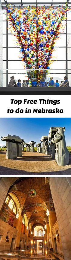 the top three things to do in nebraska, including an art museum and sculptures