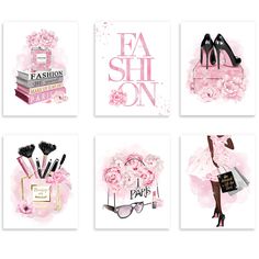 four cards with pink flowers and shoes on them, each featuring the words fashion