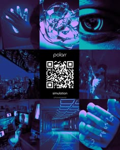 a collage of photos with blue and purple lighting in the background, including an image of a person's eye