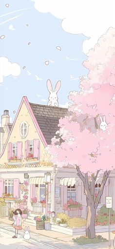 a house with pink flowers and rabbits on the roof, in front of a tree