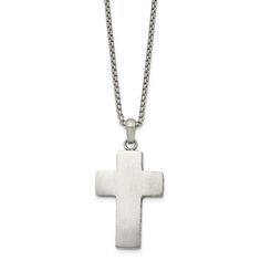 Celebrate and honor all special occasions with jewelry of religious significance! Our collection of spiritually inspired designs that show faith, hope and devotion are perfect for commemorating life's milestones. This men's stainless steel necklace features a brushed cross pendant with a black oxidized edge design that is approximately 25mm (1 inch) in width by 48mm (1 13/16 inch) in length, which includes the bail. It hangs on a 2mm width by 19.75-inch-long rounded box chain that closes with a