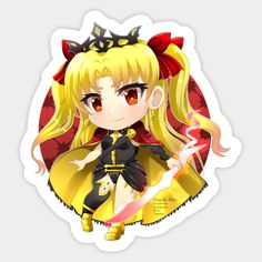 an anime character with long blonde hair and red eyes wearing a yellow dress, standing in front of a white background