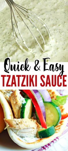 a bowl filled with sauce and vegetables next to an orange on the side that says quick & easy tatzki sauce