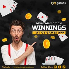 a man with glasses pointing at playing cards and coins in front of him that says make memorable winnings at online satta app