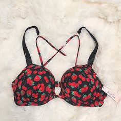 New Victoria's Secret Bombshell Swim Collection Bikini Top Pushup 36b Bombshell Adds 2 Cup Sizes Cherry Print Studded Black Rhinestones On Straps Strappy Back Victoria's Secret Bombshell, Tie Swimsuit, Pushup Bra, Pretty Bras, Cute Bras, Cup Sizes, Cherry Print, Cheeky Bikinis, Swim Suit Bottoms