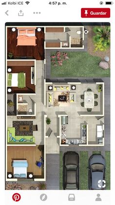 the floor plan for a house with two cars parked in front of it and an apartment on