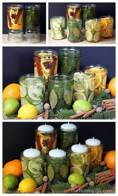 jars filled with different types of fruit and vegetables next to pine cones, cinnamons, oranges, apples, lemons