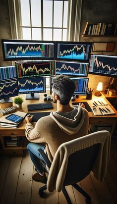 a man sitting at a desk in front of multiple computer monitors with graphs on them