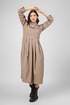 "Winter Pebble grey maxi dress for women, Wool pleated dress, Made to order, Custom made, Plus size -Model height: 5'37\" wearing size S -Length: 48\" -Fit: Comfortable" Fitted Maxi Dress With Pleated Hem, Modest Pleated Maxi Dress, Fall Beige Pleated Midi Dress, Casual Pleated Beige Maxi Dress, Casual Beige Pleated Maxi Dress, Modest Pleated Midi Maxi Dress, Fall Pleated Waist Maxi Dress, Fall Maxi Dress With Pleated Waist, Winter A-line Pleated Maxi Dress