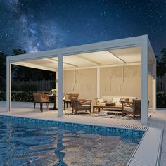 a swimming pool with chairs and tables next to it under a night sky filled with stars