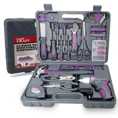 a purple and black tool kit with tools in it