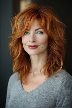 28 Trendy Shaggy Hairstyles for Older Women You Have to See in 2024 – CreativeBooster Shag Hairstyles Red Hair, Shoulder Length Red Hair With Bangs, Shag Side Bangs, Shag With Side Bangs, Hair Copper Red, Shorter Haircuts