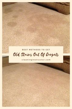 two photos with the words best method to get old stains out of carpets on them