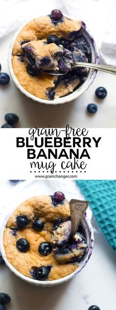 blueberry banana muffin in a white bowl with a spoon on the side and text overlay