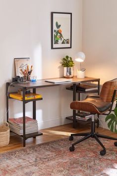 a desk with a chair, lamp and pictures on the wall