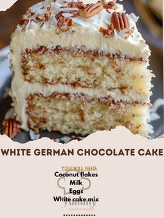 🍰 Indulge in the rich and creamy White German Chocolate Cake – a twist on a classic favorite! 🎂✨ #CakeLovers #BakingJoy White German Chocolate Cake Ingredients: White cake mix (1 box) Eggs (3) Milk (1 cup) Coconut flakes (1 cup) Chopped pecans (1 cup) White chocolate (1 cup, melted) Cream cheese (8 oz, softened) Powdered sugar (2 cups) Instructions: Preheat oven to 350°F (175°C). Prepare cake mix as per instructions, adding coconut and pecans. Bake in greased pans, let cool. For frosting,... Coconut Cake Ideas, White Chocolate German Chocolate Cake, White German Chocolate Cake Recipe, Frosted Flakes Treats, Recipes Using White Cake Mix Boxes, White German Chocolate Cake, White Cake Mix Ideas, White Cake Mix Recipes, Frost Cake