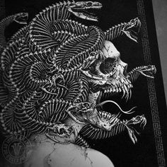 a black and white drawing of a skull with snakes on it's head, in front of a dark background