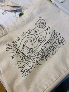 a tote bag sitting on top of a table next to scissors and other items