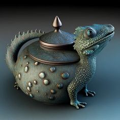 a blue and green lizard sitting on top of a tea pot