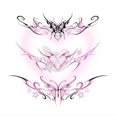 an artistic design with butterflies and stars on the bottom half of each piece, in pink