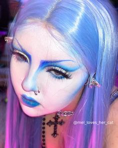 All Blue Makeup, Blue Trad Goth Makeup, Blue Rainbow Hair, Rainbow Goth Makeup, Blue Goth Aesthetic, Blue Goth Makeup, Shironuri Makeup, Goth Aesthetic Makeup, Makeup Ideas Blue