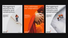 three vertical banners with people shaking hands on top of stairs and the words management, your calimes for industry and construction