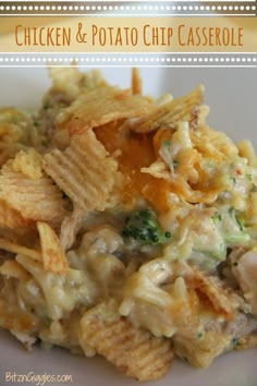 chicken and potato casserole on a white plate with text overlay that reads, chicken and potato casserole