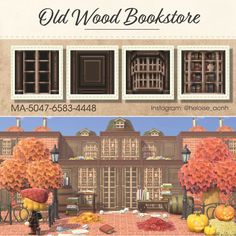 an advertisement for old wood bookstore with autumn leaves and pumpkins in front of it