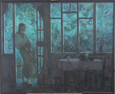 a painting of a woman standing in front of a window