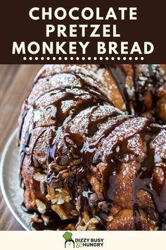 chocolate pretzel monkey bread on a plate with text overlay that reads, chocolate pretzel monkey bread