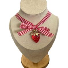 Strawberry Pedant On Red Ribbon Choker Handmade Strawberry Jewelry, Strawberry Necklace, Bow Choker, Choker Handmade, Fairy Y2k, Strawberry Charm, Ribbon Choker, Cottage Fairy, Ribbon Necklace