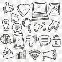 hand drawn doodle icons on white paper with black marker, including laptop and other items