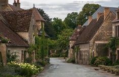 an empty street lined with stone buildings and flowers in the foreground, surrounded by greenery