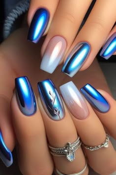 Miami Vice Nails Ideas, Beach Nails Chrome, Acrylic Tips Designs, Summer Chrome Nails 2024, Nails With Chrome Design, Zeta Nails, Novelty Nails, Chrome Nails Blue, Chrome Summer Nails