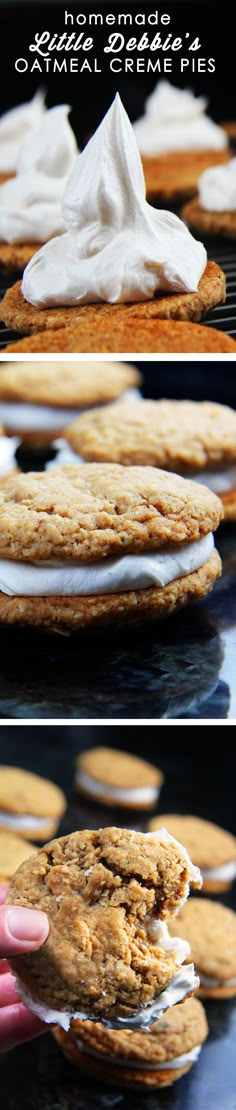 there are cookies and marshmallows on top of each other with icing