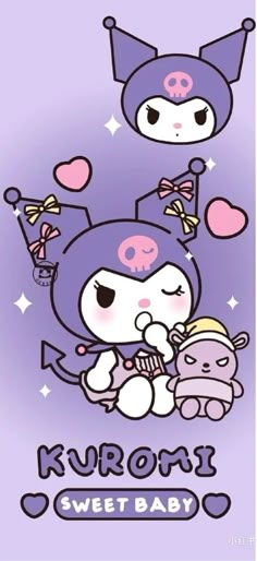 an image of a cartoon character holding a stuffed animal in her arms with the words kuromi sweet baby above it