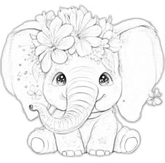 an elephant with flowers on it's head is shown in this coloring book page