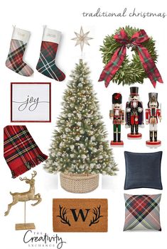 a christmas tree, stockings, and other decorations are featured in this holiday card design