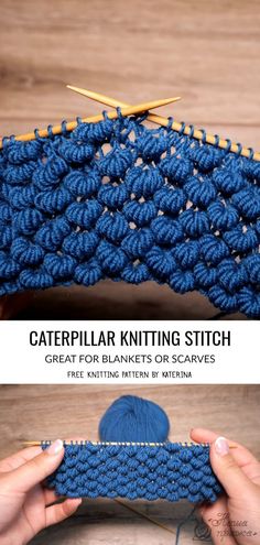 a blue crochet pattern with text that reads, caterpillar knitting stitch great for blankets or scarves