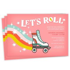 a pink birthday party card with roller skates on the front and side, which reads let's roll