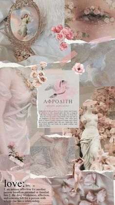 a collage with pink flowers and pictures on the bottom half of it, along with words that read love