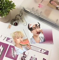 some stickers are sitting on top of a table next to a plant and watermelon