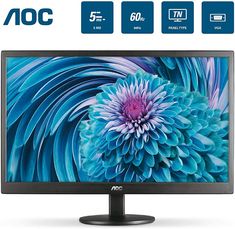 the aoc monitor has an image of a flower on it and is shown in blue