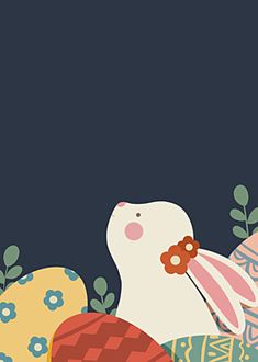 an image of some easter eggs in the grass with flowers and leaves around them on a dark blue background