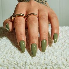 14 Fall Nail Colors for Fair Skin Tones - That are Warm & Cozy - Green Neutral Nails, Muted Green Nails, Oct Nails, September Nails Art, Khaki Nails, Olive Green Nails, Olive Nails, Solid Color Nails, September Nails