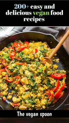 the vegan spoon cookbook cover is shown with an image of eggs and vegetables in a skillet