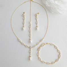 Gold Bridal Jewelry Set with Pearl Crystal Earrings Back Necklace Bracelet Set-Hayley - PoetryDesigns Gold Jewelry Wedding Bridal Sets, Bridal Jewelry With Lace Dress, Good Wedding Jewelry, Gold Necklace With Earings, Simple Elegant Bridal Jewelry, Wedding Dress With Gold Jewelry, Bridal Jewelry Sets Gold, Necklace And Bracelet Set, Gold Jewelry Wedding